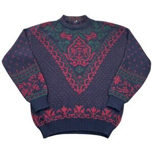 Vintage Metropolis Nordic Wool Blend Sweater Navy Red Green Made Italy XL